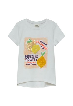 Biała koszulka z krótkim rękawem z kolorowymi grafikami cytryn, brokatowymi detalami i tekstem "Vitamins Fresh & Fruity lemons" z przodu.