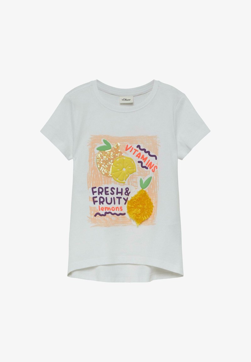 T-shirt blanc à manches courtes avec motifs colorés de citrons, détails pailletés et texte « Vitamins Fresh & Fruity lemons » sur le devant.