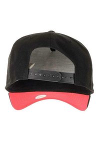 Black cap with a red brim, featuring a mesh back and adjustable snap closure. Smooth fabric texture with no additional patterns or accents.