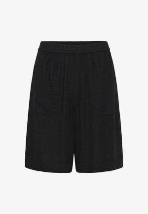 Čierne šortky vyrobené z textúrovanej látky s elastickým pásom a dvoma bočnými vreckami. Dizajn je voľného strihu so rovnými nohavicami.
