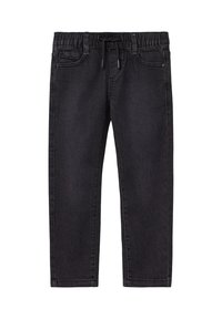 Zwarte denim jeans voor kinderen met een elastische tailleband en zwarte koord, voorzien van voor- en achterzakken en een recht model.