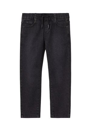 Zwarte denim jeans voor kinderen met een elastische tailleband en zwarte koord, voorzien van voor- en achterzakken en een recht model.