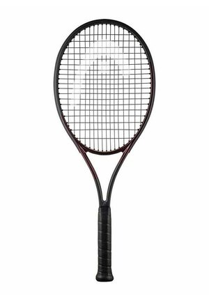 Racchetta da tennis nera con testa ovale, corde in nylon disposte a incrocio e impugnatura nera testurizzata.