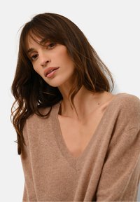 Maglione a V con maniche lunghe in morbido tessuto di maglia beige. Presenta una vestibilità comoda e un collo a costine, accentuando una texture liscia e un leggero cadere.
