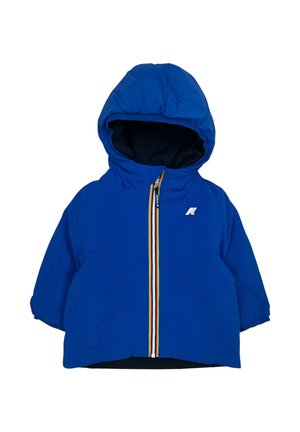 Blauwe kinderjas met capuchon en rits aan de voorkant met oranje en witte strepen en een klein wit logo op de borst.