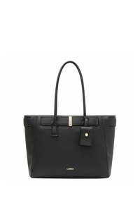 Schwarze Leder-Tote mit zwei Griffen, strukturierter Form, goldenen Hardware-Details und einem abnehmbaren Anhänger vorne. Texturierte Oberfläche.