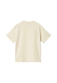 Short-sleeve, crew neck t-shirt in soft cream cotton. Loose fit with a smooth texture and no visible patterns or logos on the back.