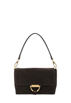 Brown suede handbag with a flap closure, gold hardware, and a single leather shoulder strap. Features a circular metal accent on the front.