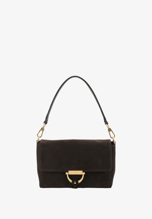 Brown suede handbag with a flap closure, gold hardware, and a single leather shoulder strap. Features a circular metal accent on the front.