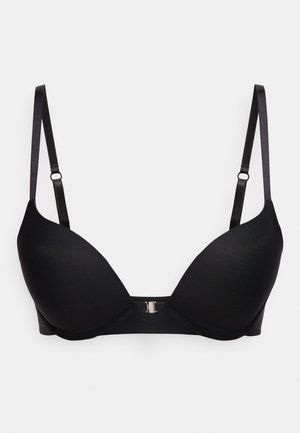 Schwarzer gepolsterter BH mit verstellbaren Trägern und vorderem Verschluss vor einfarbigem Hintergrund.