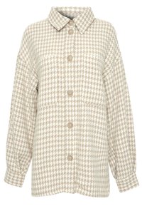 Chaqueta de patrón de pata de gallo en beige y crema, con cuello, cierre frontal de botones y mangas oversized con puños abotonados.
