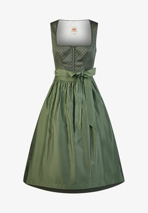 Green traditional dress with patterned bodice, front zipper, and solid skirt tied with a wide sash bow at the waist.