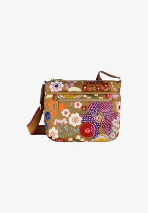 Braune Blumen-Crossbody-Tasche mit einem Reißverschlusssystem auf der Vorderseite und verstellbarem Träger. Sie verfügt über bunte Blumen und Blätter in verschiedenen Mustern.