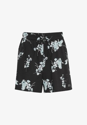 Zwarte bloemen shorts met een strik taille, versierd met lichtblauwe en witte bloempatronen. Gemaakt van lichtgewicht stof, met zijzakken.