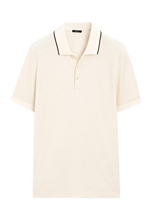 Koszulka polo w jasnym kremowym kolorze, z krótkimi rękawami, czarnym wykończeniem kołnierzyka, listwą na trzy guziki i miękką teksturą. Prosty wzór do codziennego noszenia.