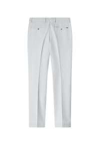 Hellgraue Hose aus Baumwolle mit glatter Textur, ausgestattet mit zwei Gesäßtaschen und einem taillierten Schnitt mit geradem Bein.