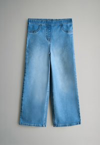 Šviesiai mėlyni džinsiniai plačiakojai kelnių su elastinga juosta, su priekinių kišenių ir išblukusiu tekstūru. Lygus paviršius su tiesiais kraštais.