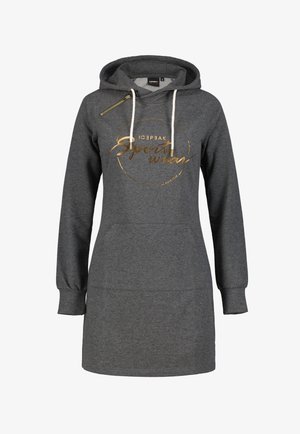 Šedé mikinové šaty s kapucí z měkkého materiálu, s detailem na zip, bílými šňůrkami a zlatým potiskem "Sports wear."