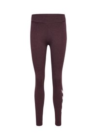 Donkerrode leggings met een gladde textuur, hoge tailleband en witte logodetail op het linkerbeen. Strakke pasvorm en volledige lengte.
