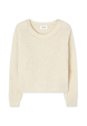 Krémovo sfarbený pletený sveter s okrúhlym výstrihom a rebrovanou textúrou, s dlhými rukávmi a voľným strihom. Bez viditeľných kovových častí alebo vzorov.