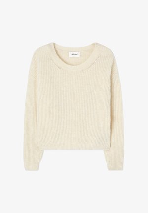 Sweter dzianinowy w kolorze kremowym z okrągłym dekoltem i prążkowaną fakturą, posiadający długie rękawy i luźny krój. Brak widocznych elementów metalowych ani wzorów.