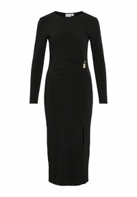 Juoda ilgarankovė suknelė iš lygaus audinio, su šoniniu įpjovu ir trimis auksinėmis sagomis juosmens srityje kaip akcentu.