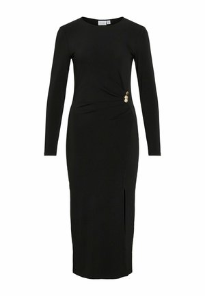 Czarna sukienka z długim rękawem wykonana z gładkiego materiału, z bocznym rozcięciem i trzema złotymi guzikami na talii jako akcent.