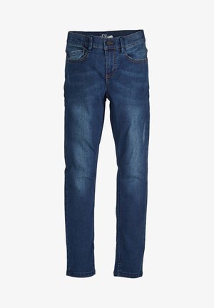 Jean bleu foncé en matière denim avec une coupe slim. Dispose de cinq poches, de détails de décoloration subtils et d'une fermeture à bouton classique.
