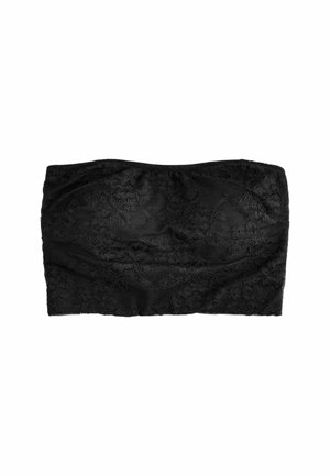 Černý krajkový bezramínkový bandeau top s květinovými vzory a texturovaným materiálem. Hladký povrch s nařasenými detaily po stranách.