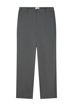 Graue strukturierte Hose mit geradem Schnitt, ausgestattet mit zwei seitlichen Taschen, einem vorderen Knopfverschluss und einem glatten Taillenbund.