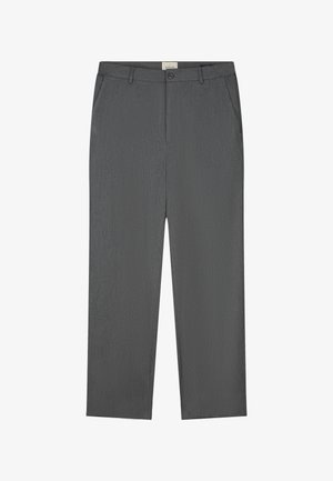 Pelēki teksturēti bikses ar taisnu griezumu, kas aprīkotas ar divām sānu kabatām, priekšējo pogu aizdari un gludu jostasvietu.