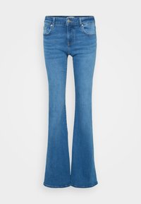 Ljusblå flare jeans i denim. Har fem fickor, en framknapp och dragkedja. Benen vidgar sig mot fållen.