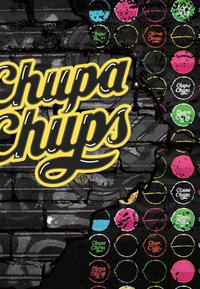 Logo Chupa Chups en écriture jaune sur fond noir texturé, accompagné de logos circulaires colorés en rose, vert, bleu et noir.