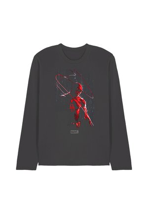 Black long-sleeve shirt with red graphic of Daredevil holding batons and Marvel logo below the character.