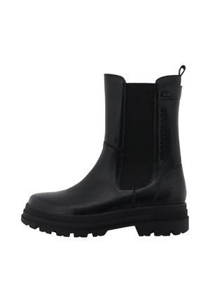 Schwarze Knöchelstiefel aus glattem Leder, mit elastischen Seiteneinsätzen, einer robusten Gummisohle und einer strukturierten Profilsohle für besseren Grip.