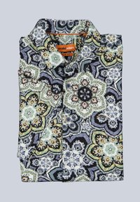 Slim fit shirt with button front and collar, featuring multicolored floral and geometric patterns in green, yellow, black, and purple tones.