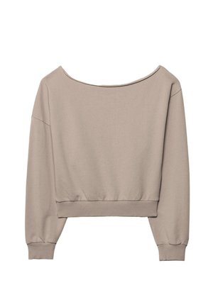 Lysebeige croppet sweatshirt med lange ærmer, bådhalsudskæring og ribstrikkede manchetter og kant.