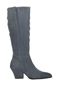 Grijze suède kniehoog boots met een blokhak, voorzien van een zijrits, gladde textuur en een aansluitende Silhouet.