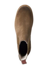 Bottine en suede marron avec des panneaux latéraux en élastique, bout rond et semelle intérieure texturée beige. Présente un onglet rouge et blanc au talon.