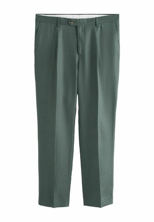 Grüne, maßgeschneiderte Hose mit vorderen Abnähern, seitlichen Taschen, Gürtelschlaufen und vorderem Knopfverschluss.