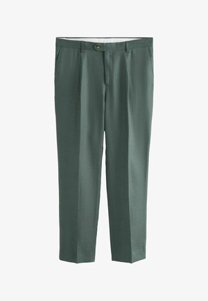 Zielone, dopasowane spodnie z zakładkami z przodu, bocznymi kieszeniami, szlufkami na pasek i zapinane na guzik z przodu.