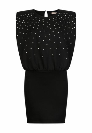 Must kleit ilma varrukateta, millel on lõtv ülaosa ja tihedalt istuv seelik, kaunistatud hajutatud väikeste hõbedaste naeltega.