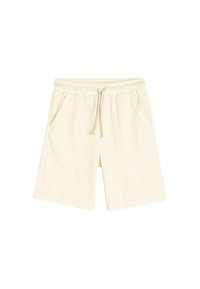 Lys beige shorts lavet af et struktureret stof, med en elastisk talje, snøre og to sidelommer.