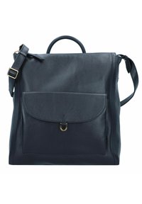 Marineblaue Lederhandtasche mit strukturierter Form, ausgestattet mit einer Fronttasche, einem oberen Griff und einem verstellbaren Schulterriemen. Goldene Hardware-Akzente.