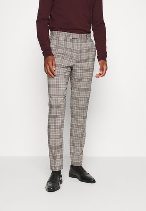 Karierte Hose mit einem beigen, braunen und schwarzen Muster, taillierte Passform, mit seitlichen Taschen und einem Gürtelschlaufenbund.