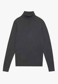 Suéter de cuello alto gris oscuro hecho de suave tejido de punto. Presenta mangas largas y un ajuste ceñido en el cuello y los puños. Diseño sencillo y liso.