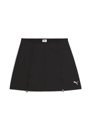 Black athletic skirt with a flared design, made from smooth fabric. Features front zip pockets and a white Puma logo on the lower right side.