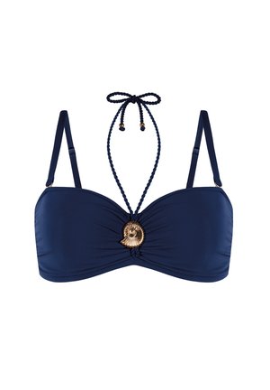 Granatowy top bikini z marszczonym wzorem, regulowanymi splecionymi ramiączkami i złotym akcentem w formie muszli na środku. Miękka tekstura, bezszwowe miseczki.