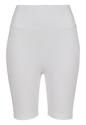 Pantalones cortos deportivos blancos, elásticos, con un diseño ajustado, textura suave y longitud hasta media pierna. Sin patrones visibles ni detalles metálicos.