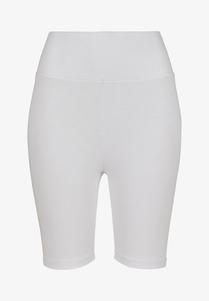 Pantalones cortos deportivos blancos, elásticos, con un diseño ajustado, textura suave y longitud hasta media pierna. Sin patrones visibles ni detalles metálicos.